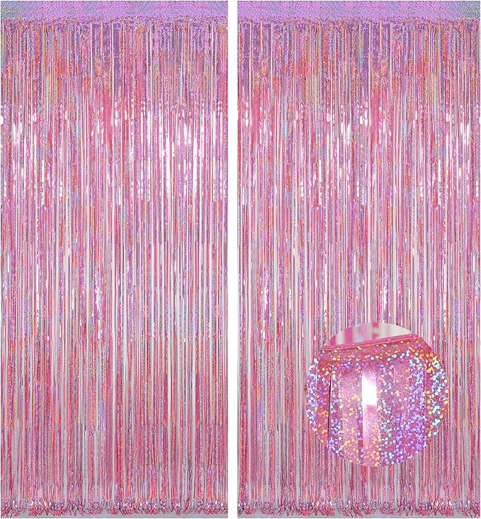 Melsan Pink Tinsel Curtains Backdrop, 3.2 ft x 8.2 ft Sparkle Metallic Foil Curtains for Unicorn Mermaid Princess Party Photo Background Decoration, 2 Pack