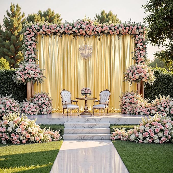 gogoparti 10x14FT Gold Sequin Backdrop Curtain - 2 Panels of 5x14FT Wrinkle-Free Reusable Glitter Drapes for Photography, Weddings, Birthdays & Parties