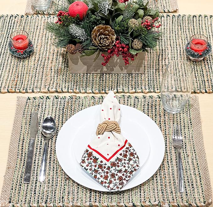 Chardin Home Natural Jute & Green Placemats, Set of 4 – Rustic Handmade Boho Table Mats, 13x19 Inch Dining Table Placemats for Kitchen, Everyday Meals, Holidays, Farmhouse or Modern Table Décor