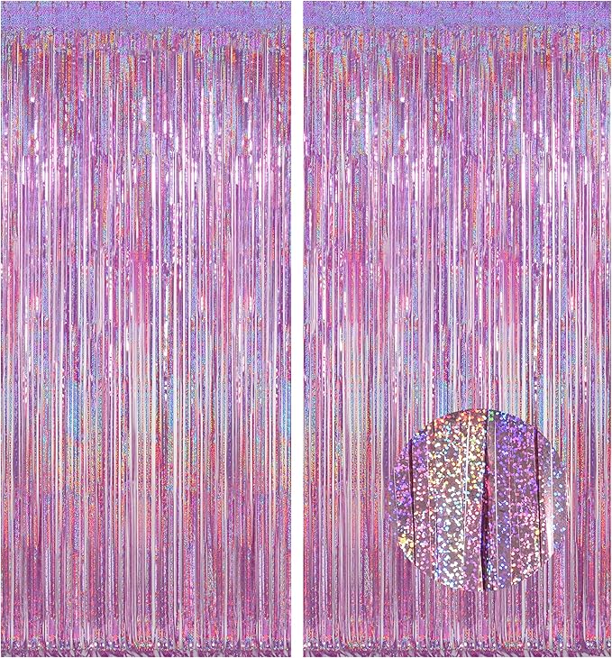Melsan 2 Pack 3.2 ft x 8.2 ft Tinsel Foil Fringe Curtains Backdrop, Sparkle Metallic Foil Curtains for Party Photo Booth Props Decoration, Pinkish Purple
