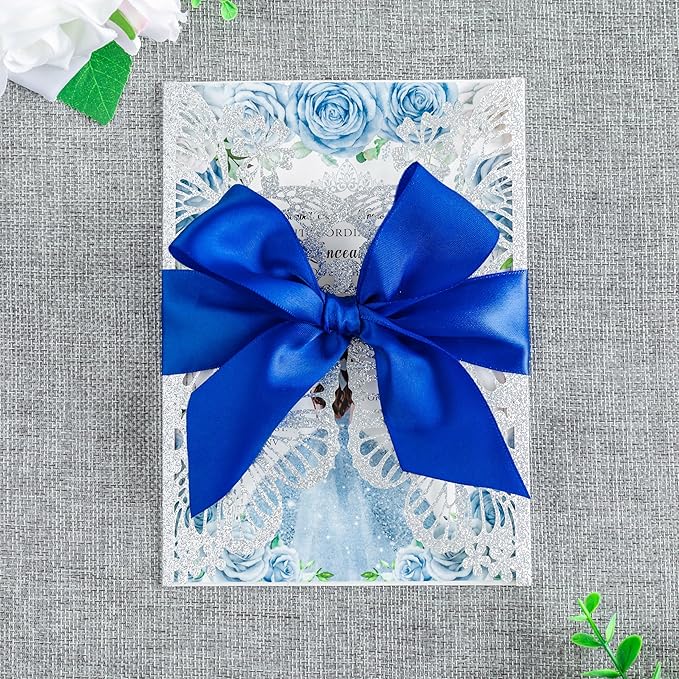 20 PCS 5.12x7.2 Butterfly Personalized Quinceanera Invitation, Customized XV Anos Laser Cut Invitation Cards with Envelopes (Silver Glitter Personalized)