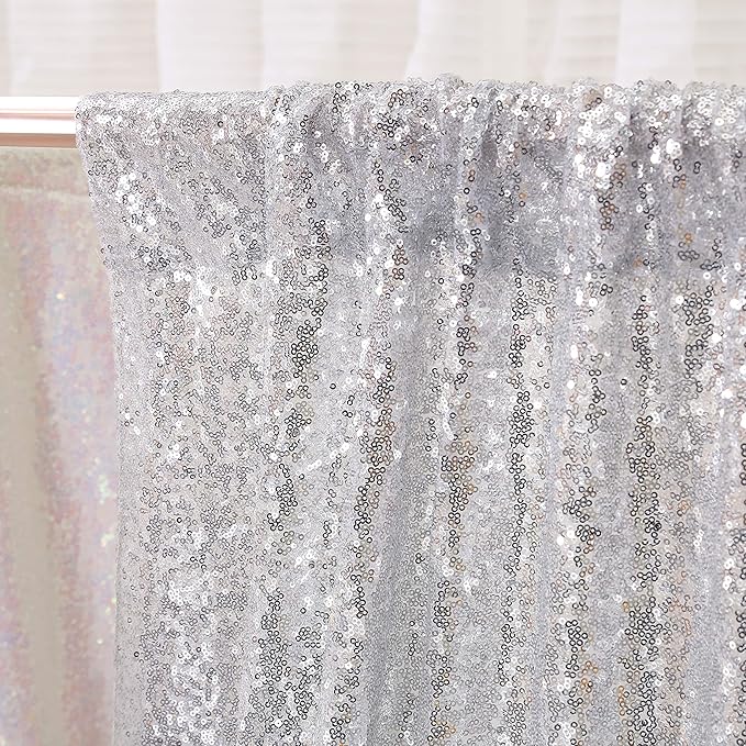 Poise3EHome Silver Sequin Backdrop Curtains,4 Panels 2FTx8FT Glitter Background for Party Birthday Party Baby Shower Wedding Christmas Thanksgiving Halloween Holiday Festival Decor
