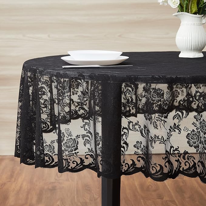 LinenZone Black Oval Tablecloth for Rustic Vintage Decor. Sheer Lace Tablecloth Works Great As Wedding Tablecloth, Thanksgiving Tablecloth or Christmas Tablecloth (Mia Oval 104, Black)