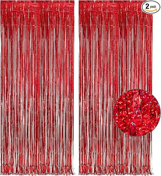 GREATRIL Red Fringe Curtains Party Streamers Backdrop Foil Tinsel Curtain Decoration for Stranger Theme Party Christmas Valentines Day Party 2 Pack