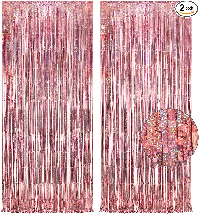 Rose Gold Tinsel Party Backdrop - GREATRIL Foil Fringe Curtain Party Photo Booth Backdrop for Birthdays Theme Decorations - 1m x 2.5m - Pack of 2