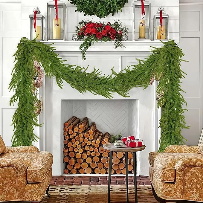 Christmas Decorations Artificial Norfolk Pine Garlands 6FT 4Pcs, Real Touch Winter Pine Garland, Green Artificial Greenery Garland for Table, Mantle, Wall, Indoor, Outdoor Decorations