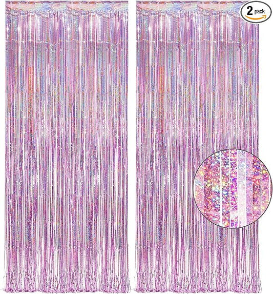Pink Tinsel Curtain Party Backdrop - GREATRIL Foil Fringe Curtain Lilac Pink Party Streamers for Birthday Girl Princess Bachelorette Euphoria Taylor Themed Party Decorations - 2 Packs