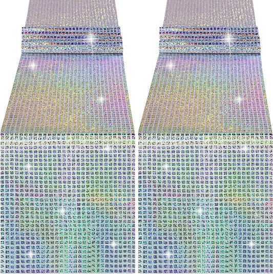 Durony 2 Pack Disco Table Runner 11 x 108 Inch Mirror Silver Laser Glitter Foil Cover With Sparkle Sequin for Bachelorette, 70s, Cowgirl Party Decorations