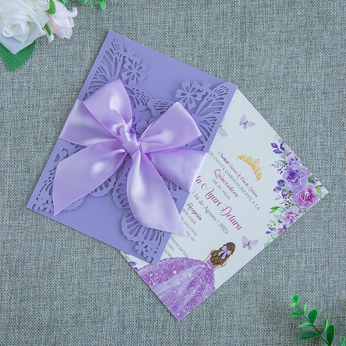 20 PCS 5.12x7.2 Butterfly Quinceanera Invitation Cards, Laser Cut Wedding 5x7 Invitation Cards with Envelopes for XV Anos Bridal Shower Baby Shower Invite (Violet)