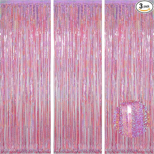 Melsan 3 Pack 3.2 x 8.2 ft Foil Fringe Curtains - Pink Tinsel Curtain Unicorn Birthday Hello Kitty Birthday Decorations Photo Backdrop for Party Decoration Engagement or Bachelorette Party Supplies