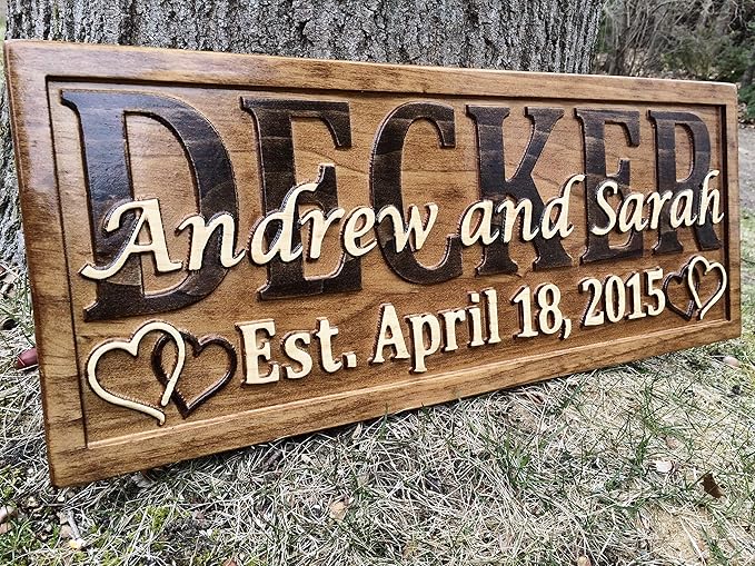 Personalized Wedding Gift Last Name Established Sign Family Name Signs Custom Wood Sign Carved Wood Sign 3D Hearts 5 Year Anniversary