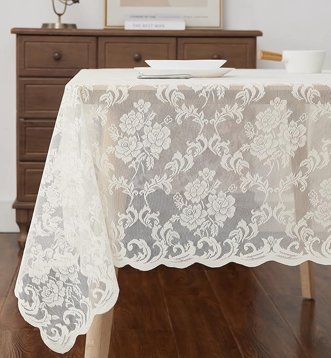 LinenZone Ivory Rectangle Tablecloth for Rustic Vintage Decor. Sheer Lace Works Great As Wedding, Thanksgiving or Christmas Tablecloth (Mia TC 60 x 84, Ivory)