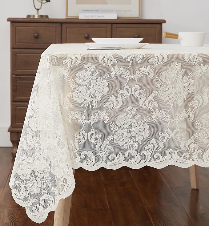 LinenZone Ivory Rectangle Tablecloth for Rustic Vintage Decor. Sheer Lace Tablecloth Works Great As Wedding Tablecloth, Thanksgiving Tablecloth or Baby Shower Tablecloth (Mia TC 54 x 72, Ivory)