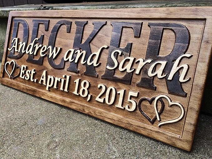 Personalized Wedding Gift Last Name Established Sign Family Name Signs Custom Wood Sign Carved Wood Sign 3D Hearts 5 Year Anniversary