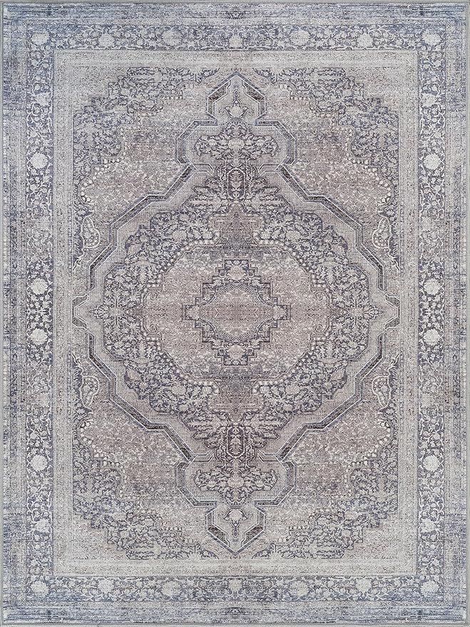 Bloom Rugs Washable Non-Slip 8' x 10' Rug - Blue/Steel Gray/Beige Traditional Medallion Area Rug for Living Room, Bedroom, Dining Room, and Kitchen - Exact Size: 8' x 10'