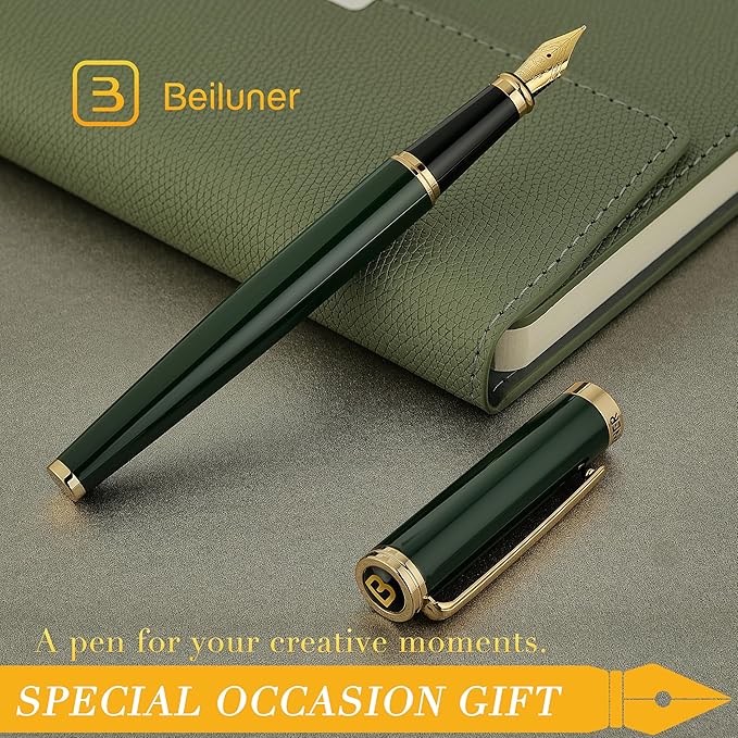 BEILUNER Racing Green Fountain Pen,Stunning Luxury Pens with 24K Gold Finish, Gorgeous 24K Gilded Nib(Medium), Fancy Pen Gift for Men&Women -Ink Converter-Christmas, Office,Fancy,Nice Pen for Writing