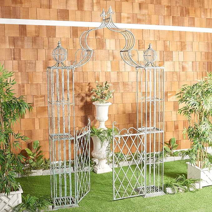 SAFAVIEH Outdoor Collection Beatrix Victorian Antique Dark Green Wrought Iron Trellis Garden Arch Arbor