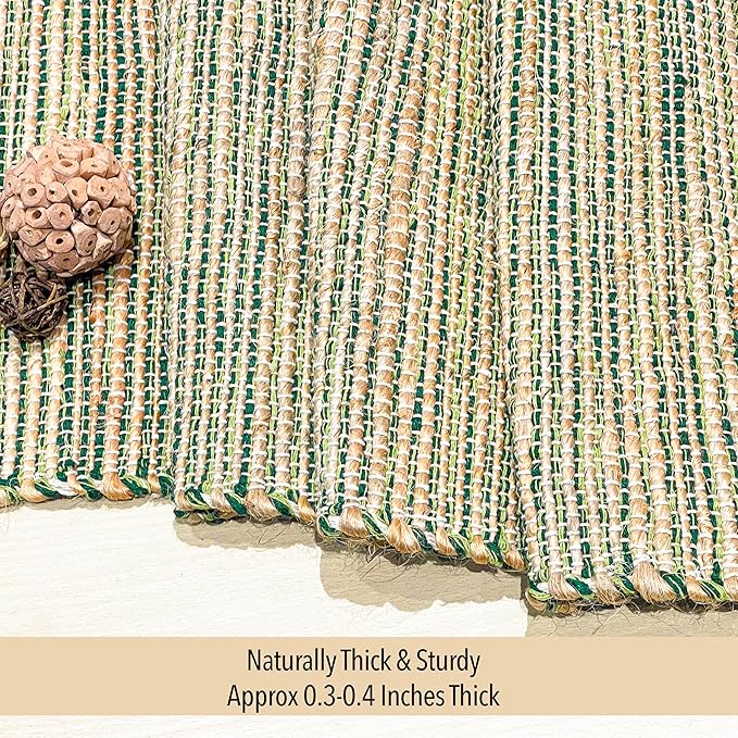 Chardin home Natural Jute Table Runner 13x48 Inch – Vintage Boho Rustic Table Decor – Handwoven Table Runner in Natural Jute and Green – Farmhouse Dining or Console Table Accent