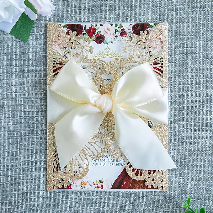 20 PCS 5.12x7.2 Butterfly Personalized Quinceanera Invitation, Customized XV Anos Laser Cut Invitation Cards with Envelopes (20 PCS Light Gold Personalized)
