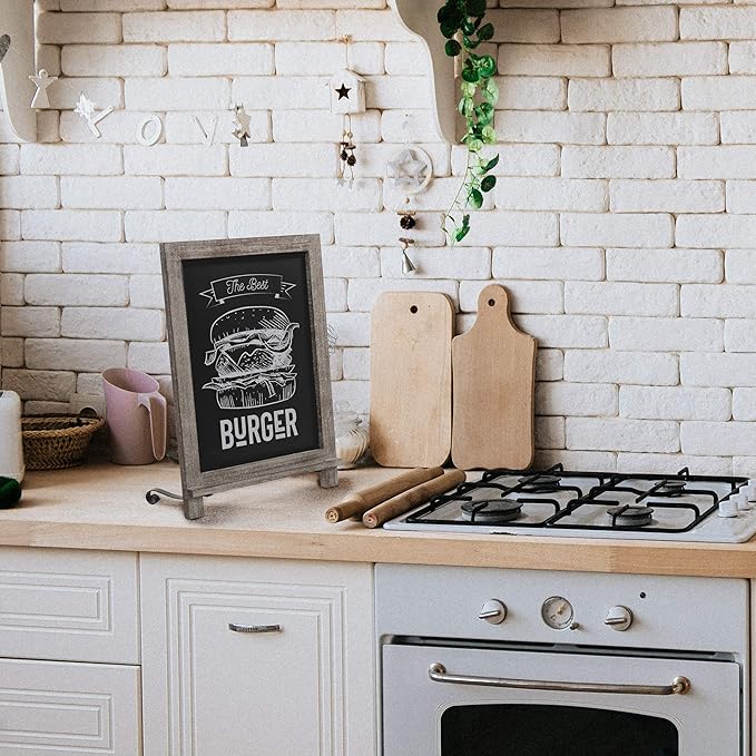 HBCY Creations Rustic Weathered Wooden Tabletop Chalkboard with Legs/Vintage Wedding Table Sign/Small Kitchen Countertop Memo Board/Antique Wooden Frame (12" x 17", 3- Weathered)