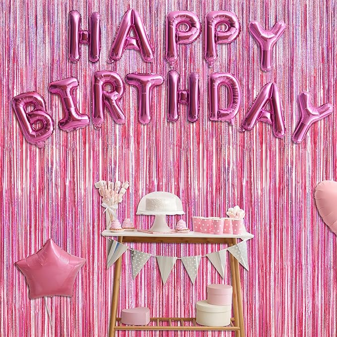 2 Pack Glitter Pink Backdrop, 3.28 FT x 7.05 FT Birthday Party Decorations, Laser Pink Fringe Curtains Foil Streamer Tinsel, Pink Curtains Photo Backdrop Happy Birthday Backdrop