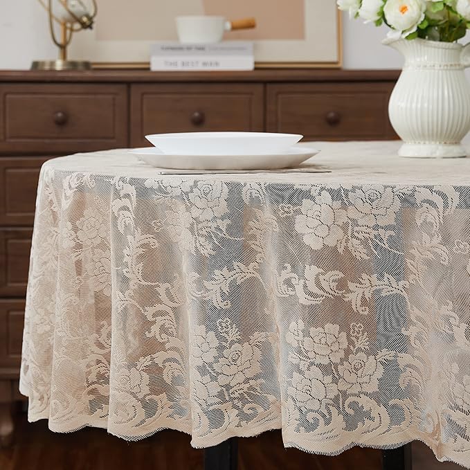 LinenZone Extra Large Linen Round Tablecloth for Rustic Vintage Decor. Sheer Lace Table Cloth Works Great As Wedding Tablecloth or Thanksgiving Table Cover. (Mia 120 Round, Linen)