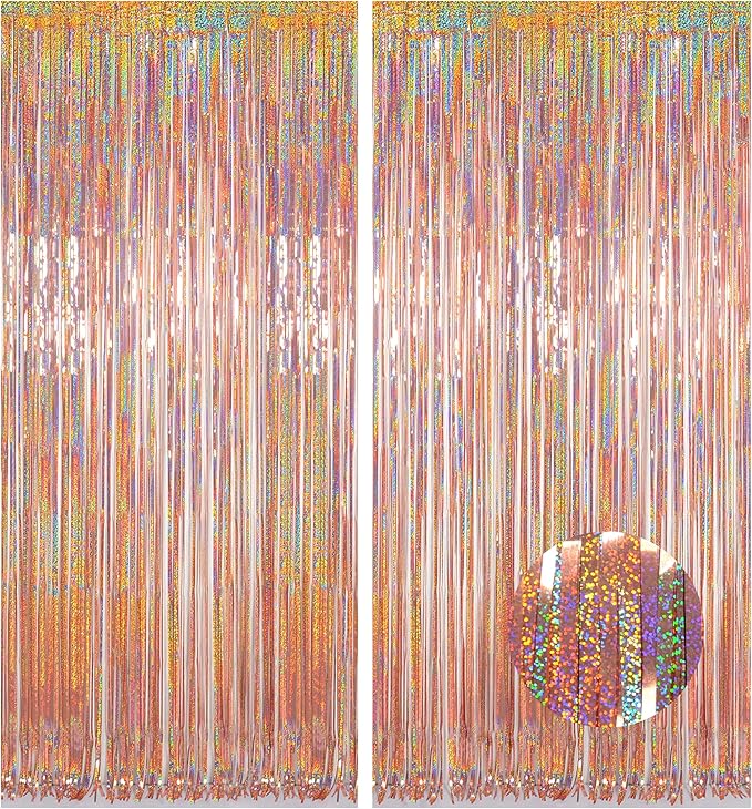 Foil Fringe Backdrop, Melsan 2 Pack 3.2 ft x 8.2 ft Tinsel Foil Fringe Curtains, Sparkle Fringe Curtains for Bachelorette Party Decorations Photo Background Decoration, Rose Gold