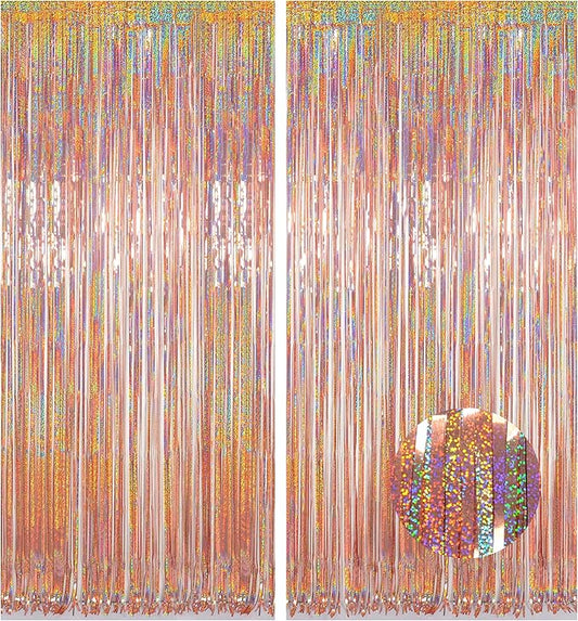 Foil Fringe Backdrop, Melsan 2 Pack 3.2 ft x 8.2 ft Tinsel Foil Fringe Curtains, Sparkle Fringe Curtains for Bachelorette Party Decorations Photo Background Decoration, Rose Gold