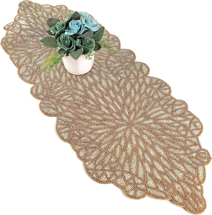 Metallic Bead Table Runner 13x36 Inches - Glass Beaded & Polyester Handcrafted Nautical Decor for Weddings, Christmas & Home Gatherings - Stain Resistant Dining Décor Accent (Gold) - CLEENTABLE