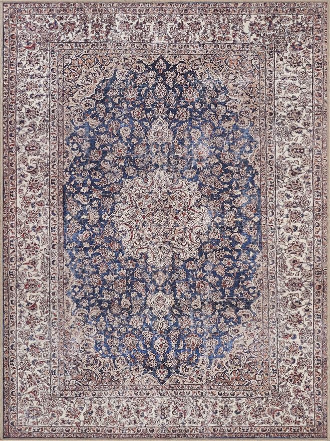 Bloom Rugs Washable Non-Slip 9' x 12' Rug - Dark Blue/Beige Traditional Medallion Area Rug for Living Room, Bedroom, Dining Room, and Kitchen - Exact Size: 9' x 12'