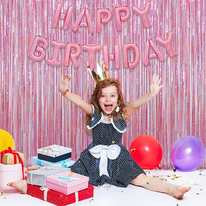 Melsan Pink Tinsel Curtains Backdrop, 3.2 ft x 8.2 ft Sparkle Metallic Foil Curtains for Unicorn Mermaid Princess Party Photo Background Decoration, 2 Pack