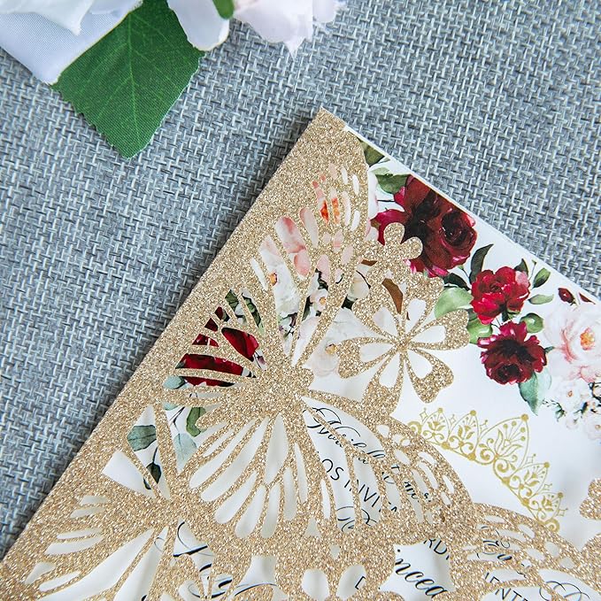 20 PCS 5.12x7.2 Butterfly Personalized Quinceanera Invitation, Customized XV Anos Laser Cut Invitation Cards with Envelopes (20 PCS Light Gold Personalized)