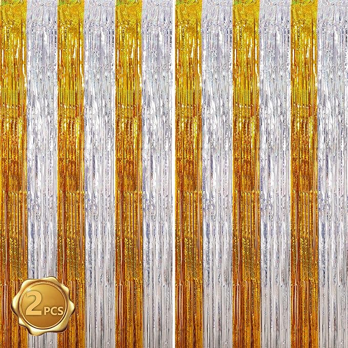 BEISHIDA Gold Silver Door Streamers Backdrop Foil Fringe Tinsel Party Streamers Curtains Photo Backdrop - 2Pcs for Birthday Graduation Bachelorette Party Decoations