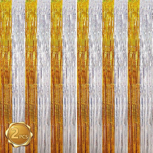 BEISHIDA Gold Silver Door Streamers Backdrop Foil Fringe Tinsel Party Streamers Curtains Photo Backdrop - 2Pcs for Birthday Graduation Bachelorette Party Decoations