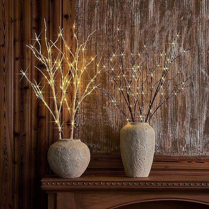 Hairui Lighted Brown Branches Battery Operated with Timer 30IN 100 LED Fairy Lights, Willow Branch Lights for Home Bedroom Fireplace Christmas Holiday Decoration Indoor Outdoor Use (Vase Excluded)
