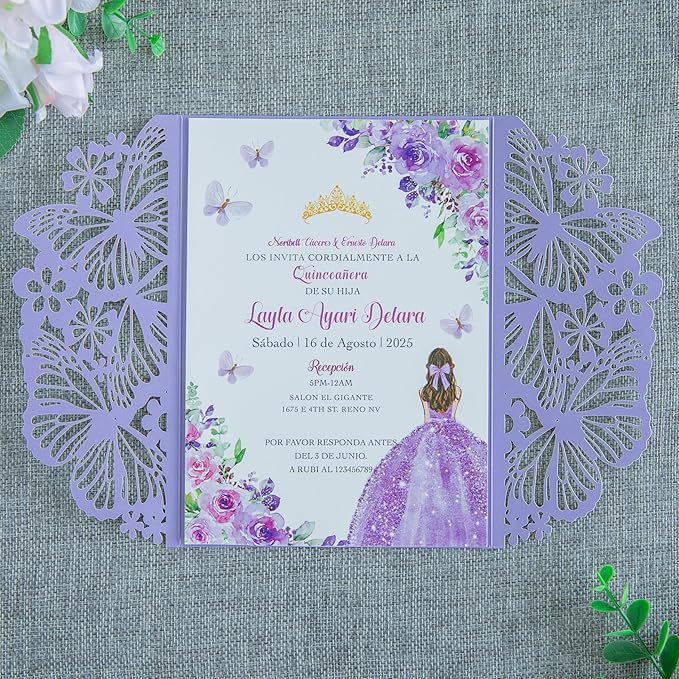 20 PCS 5.12x7.2 Butterfly Personalized Quinceanera Invitation, Customized XV Anos Laser Cut Invitation Cards with Envelopes (Violet Personalized)