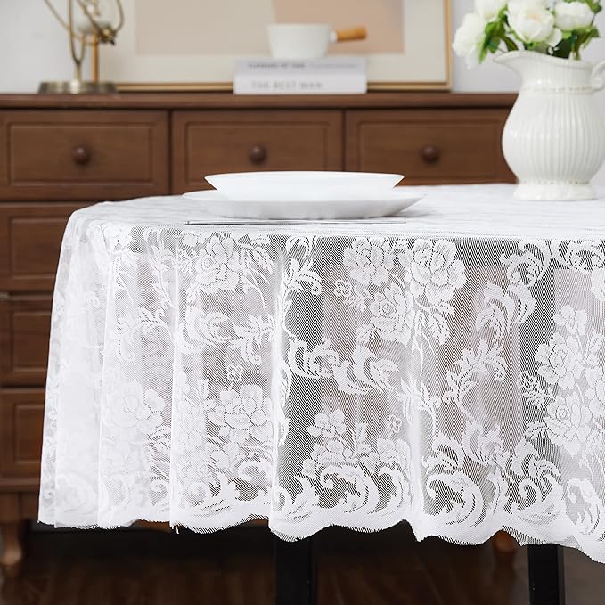 LinenZone Small White Round Tablecloth for Rustic Vintage Decor. Sheer Lace Table Cloth Works Great As Wedding Tablecloth or Thanksgiving Table Cover. (Mia 36 Round, White)