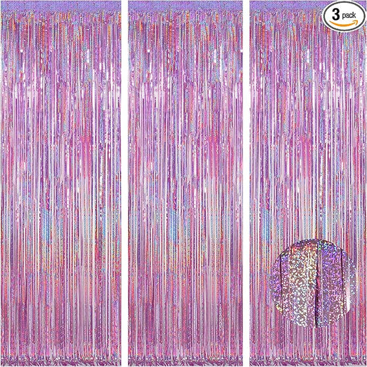 Melsan 3 Pack 3.2 x 8.2 ft Sparkling Pinkish Purple Tinsel Fringe Curtain Backdrop Glitter Decor for Birthdays, Bachelorette, Weddings, Photo Booth | Reusable Princess & Y2K Party Backdrop