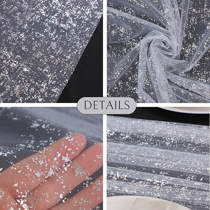 Snowkingdom 10 Pcs 10 FT Silver Table Runners, Sheer Chiffon Gauze Cheesecloth Runner, Sequin Glitter Silver Party Table Decoration Centerpieces for Wedding Christmas Birthday Bridal Baby Shower