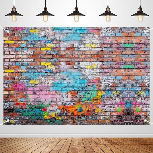 Colorful Graffiti Brick Wall Backdrop Banner - Abstract Street Art Photography Background for Hip Hop Party, 80s 90s Disco, Birthday Wedding Decor, Studio Props & Booth Supplies 98x65 Inch