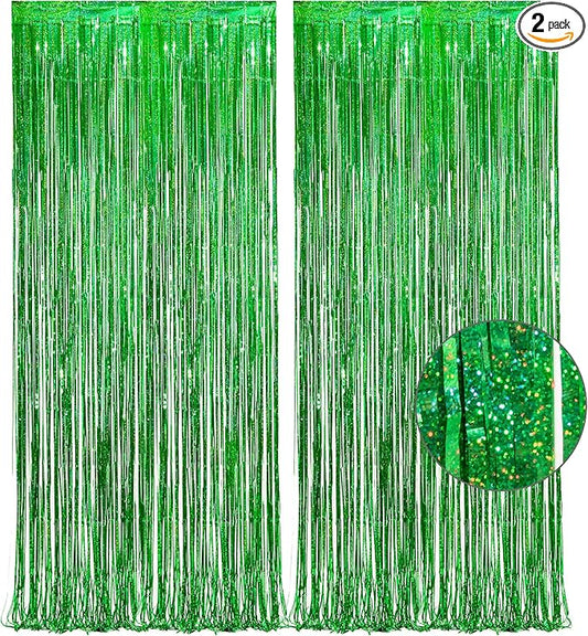 Green Tinsel Curtain Party Backdrop - GREATRIL Foil Fringe Streamers for St Patrick’s Day/Luau/Turtle/Hawaiian/Dinosaur/Ghost/Football/Christmas Decorations 2 Packs