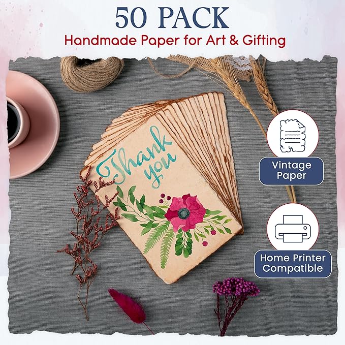 Wanderings Handmade Antique Deckle Edge Blank Cards - 4"x6" Package of 50 - Mixed Media Cards for Announcements Invitations Crafts - Thick Deckled Edge Paper 150 GSM Recycled Paper