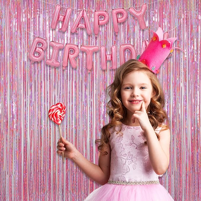 Melsan Pink Tinsel Curtains Backdrop, 3.2 ft x 8.2 ft Sparkle Metallic Foil Curtains for Unicorn Mermaid Princess Party Photo Background Decoration, 2 Pack