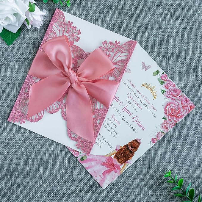 20 PCS 5.12x7.2 Butterfly Quinceanera Invitation, Laser Cut Wedding Invitation Cards with Envelopes for XV Anos Bridal Shower Baby Shower Invite (Pink Glitter)