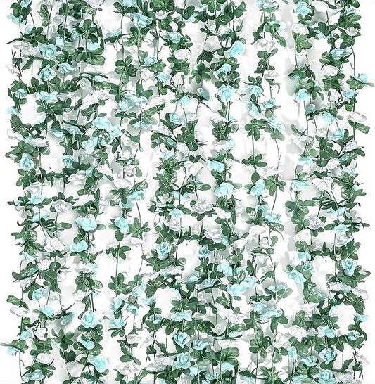Miracliy 9Pcs 74FT Blue and White Flower Garland Artificial Rose Arch Vines Fake Spring Floral Garland for Flower Wall Backdrop Wedding Mothers Day Garden Tea Party Decoration