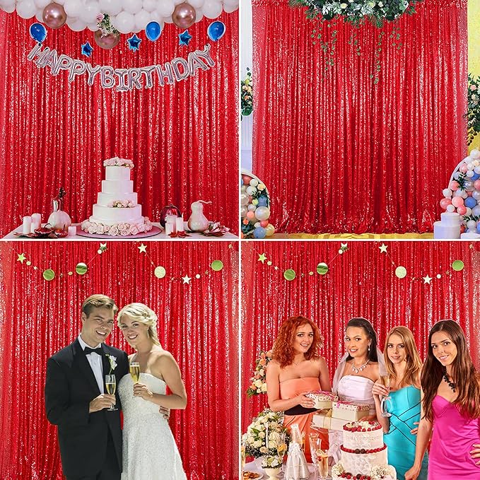 Red Sequin Backdrop Curtains 4 Panels 2FTx8FT Wedding Photo Backdrop Glitter Birthday Bridal Party Curtains Sparkle Background Drapes Parties Decor Curtains